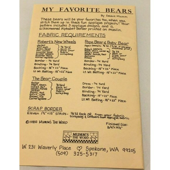 Vintage My Favorite Bears Mums The Word Sewing Pattern Craft Teddy Stuffed Toy - Picture 2 of 4